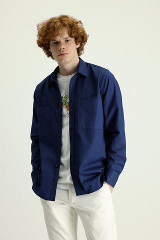  Koyu Lacivert Uzun Kol Cepli Oversize Pamuk Gömlek