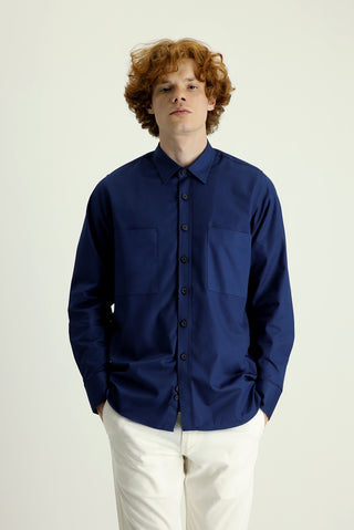  Koyu Lacivert Uzun Kol Cepli Oversize Pamuk Gömlek