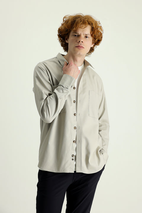 Taş Uzun Kol Cepli Oversize Pamuk Gömlek