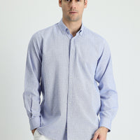 Saks Mavi Uzun Kol Regular Fit Keten Görünümlü Desenli Pamuk Düğmeli Yaka Gömlek
