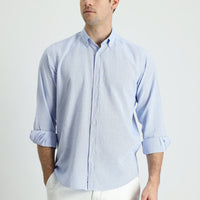 Koyu Mavi  Uzun Kol Regular Fit Keten Görünümlü Desenli Pamuk Düğmeli Yaka Gömlek