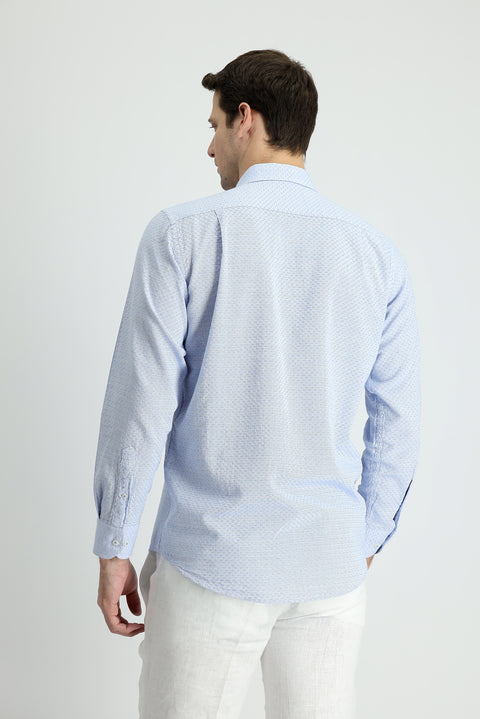 Koyu Mavi  Uzun Kol Regular Fit Keten Görünümlü Desenli Pamuk Düğmeli Yaka Gömlek