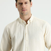 Açık Bej Uzun Kol Regular Fit Keten Görünümlü Desenli Pamuk Düğmeli Yaka Gömlek