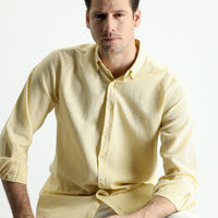 Hardal Uzun Kol Regular Fit Keten Görünümlü Desenli Pamuk Düğmeli Yaka Gömlek