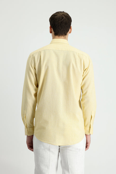 Hardal Uzun Kol Regular Fit Keten Görünümlü Desenli Pamuk Düğmeli Yaka Gömlek