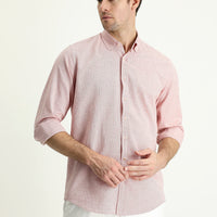 Mercan Kırmızı Uzun Kol Regular Fit Keten Görünümlü Desenli Pamuk Düğmeli Yaka Gömlek