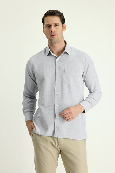 Açık Gri Uzun Kol Regular Fit Desenli Pamuklu Gömlek