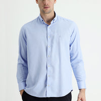 Açık Mavi Uzun Kol Regular Fit Pamuklu Keten Karışımlı Gömlek