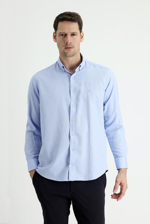 Açık Mavi Uzun Kol Regular Fit Pamuklu Keten Karışımlı Gömlek