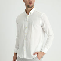 Beyaz Uzun Kol Regular Fit Pamuklu Keten Karışımlı Gömlek