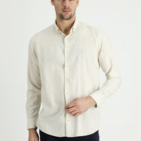 Krem Uzun Kol Regular Fit Keten Gömlek