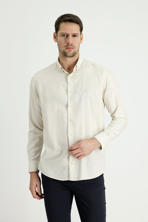 Krem Uzun Kol Regular Fit Pamuklu Keten Gömlek