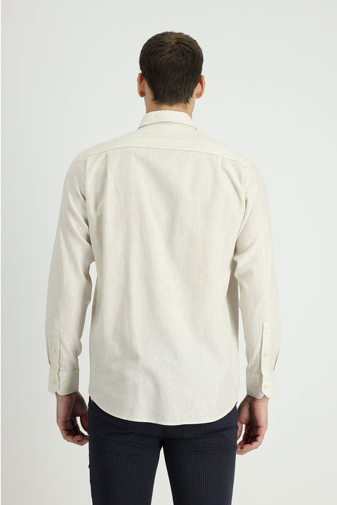 Krem Uzun Kol Regular Fit Pamuklu Keten Gömlek