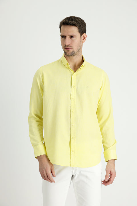 Limon Sarı Uzun Kol Regular Fit Pamuklu Keten Gömlek