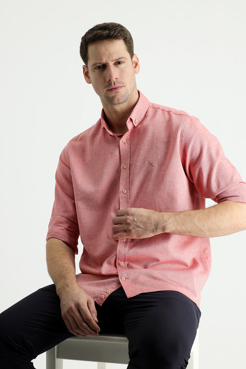 Mercan Kırmızı Uzun Kol Regular Fit Pamuklu Keten Gömlek