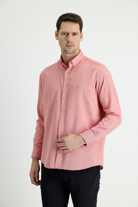 Mercan Kırmızı Uzun Kol Regular Fit Pamuklu Keten Gömlek