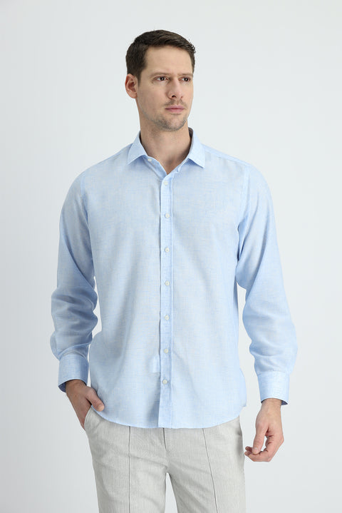 Açık Mavi Uzun Kol Regular Fit Keten Karışımlı Gömlek