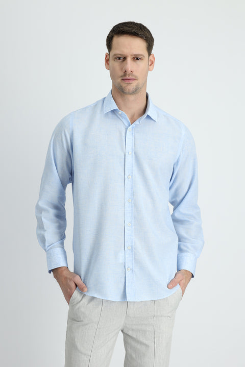 Açık Mavi Uzun Kol Regular Fit Keten Karışımlı Gömlek