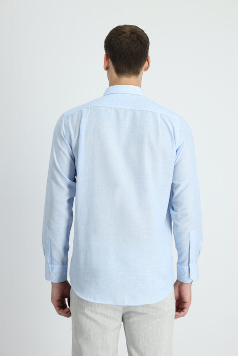 Açık Mavi Uzun Kol Regular Fit Keten Karışımlı Gömlek