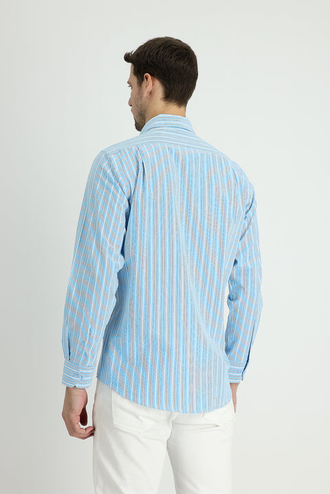 Açık Turkuaz Uzun Kol Regular Fit Çizgili Pamuk Spor Gömlek
