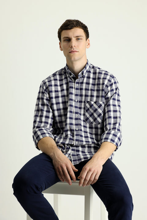 Orta Lacivert Uzun Kol Regular Fit Ekose Pamuk Gömlek