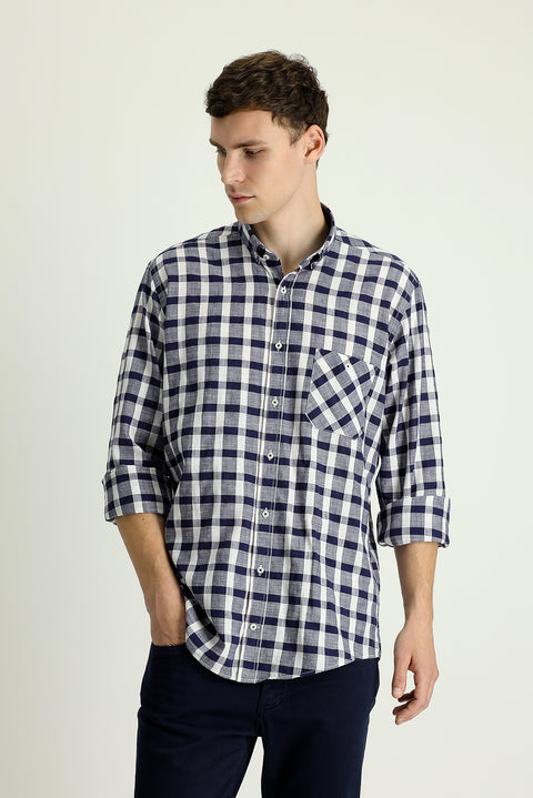 Orta Lacivert Uzun Kol Regular Fit Ekose Pamuk Gömlek
