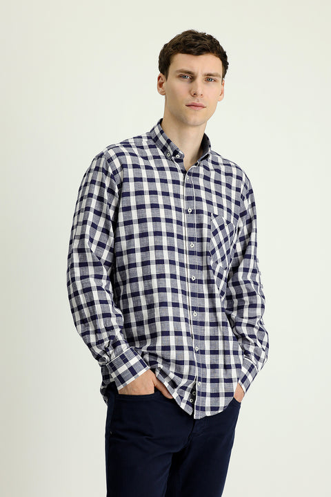 Orta Lacivert Uzun Kol Regular Fit Ekose Pamuk Gömlek