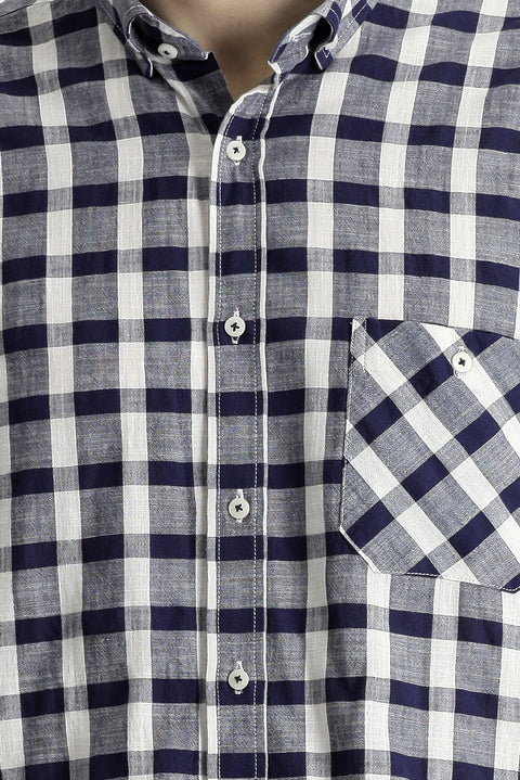 Orta Lacivert Uzun Kol Regular Fit Ekose Pamuk Gömlek