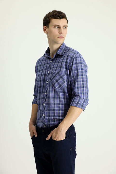 Dark Navy Long Sleeve Regular Fit Plaid Cotton Linen Shirt