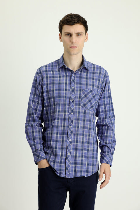 Dark Navy Long Sleeve Regular Fit Plaid Cotton Linen Shirt