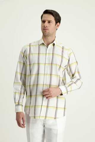  Koyu Yeşil Uzun Kol Regular Fit Ekose Pamuklu Keten Karışımlı Gömlek