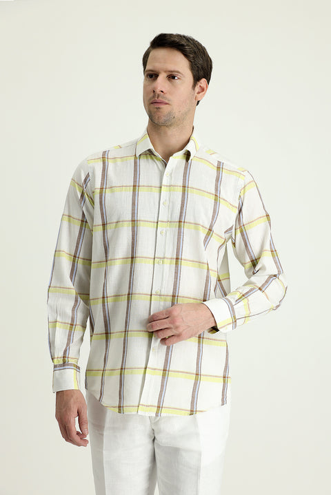 Koyu Yeşil Uzun Kol Regular Fit Ekose Pamuklu Keten Karışımlı Gömlek