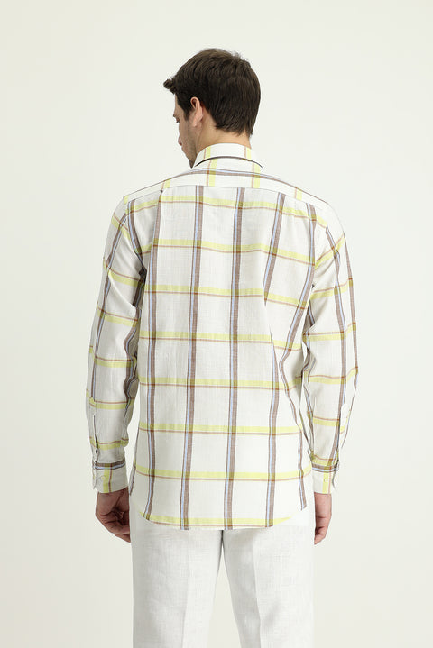 Koyu Yeşil Uzun Kol Regular Fit Ekose Pamuklu Keten Karışımlı Gömlek