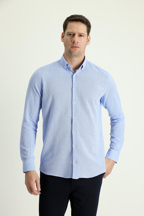 Açık Mavi Uzun Kol Slim Fit Dar Kesim Keten Görünümlü Pamuk Spor Düğmeli Yaka Gömlek