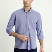 Koyu Mavi  Uzun Kol Slim Fit Dar Kesim Keten Görünümlü Pamuk Spor Düğmeli Yaka Gömlek