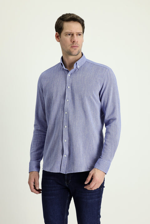 Koyu Mavi  Uzun Kol Slim Fit Dar Kesim Keten Görünümlü Pamuk Spor Düğmeli Yaka Gömlek