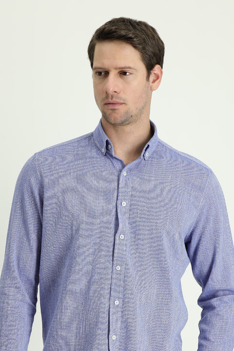 Koyu Mavi  Uzun Kol Slim Fit Dar Kesim Keten Görünümlü Pamuk Spor Düğmeli Yaka Gömlek