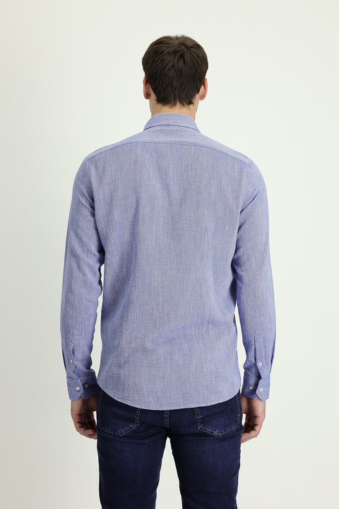 Koyu Mavi  Uzun Kol Slim Fit Dar Kesim Keten Görünümlü Pamuk Spor Düğmeli Yaka Gömlek