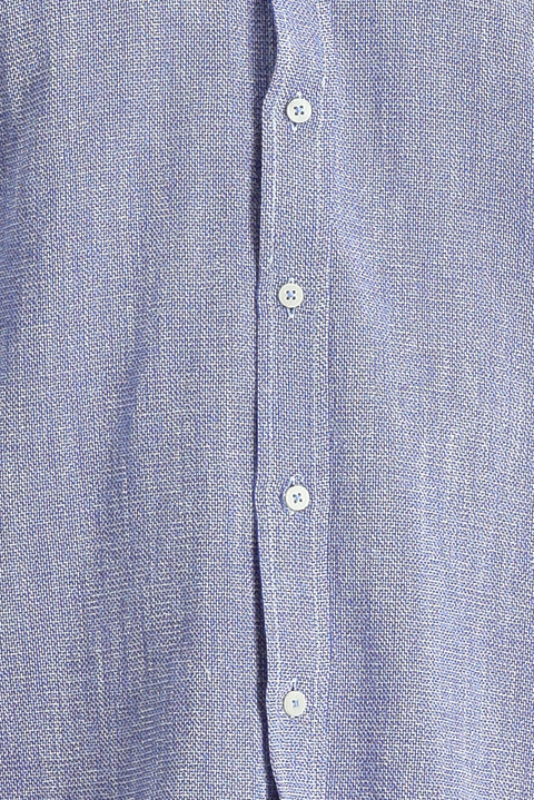 Koyu Mavi  Uzun Kol Slim Fit Dar Kesim Keten Görünümlü Pamuk Spor Düğmeli Yaka Gömlek