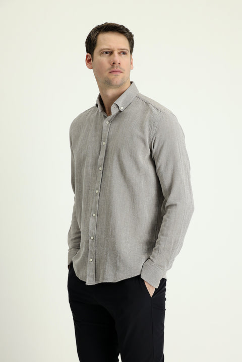 Açık Kahve  Uzun Kol Slim Fit Dar Kesim Keten Görünümlü Pamuk Spor Düğmeli Yaka Gömlek