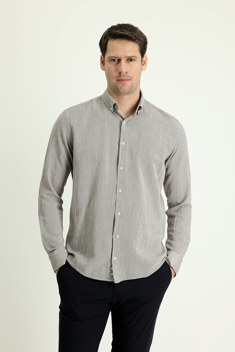 Açık Kahve  Uzun Kol Slim Fit Dar Kesim Keten Görünümlü Pamuk Spor Düğmeli Yaka Gömlek