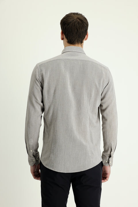 Açık Kahve  Uzun Kol Slim Fit Dar Kesim Keten Görünümlü Pamuk Spor Düğmeli Yaka Gömlek