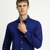 Medium Navy Long Sleeve Slim Fit Narrow Cut Knitted Cotton Shirt
