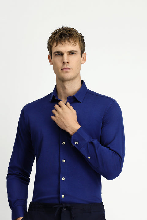 Medium Navy Long Sleeve Slim Fit Narrow Cut Knitted Cotton Shirt