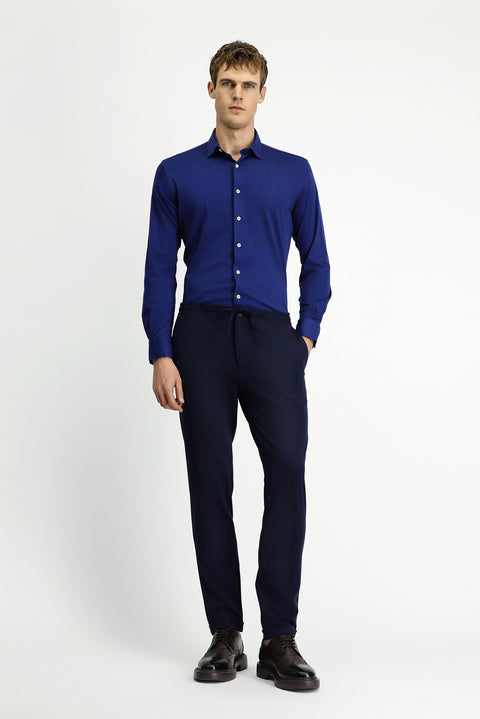 Medium Navy Long Sleeve Slim Fit Narrow Cut Knitted Cotton Shirt