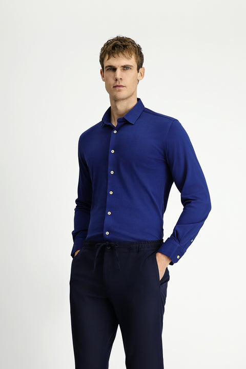 Medium Navy Long Sleeve Slim Fit Narrow Cut Knitted Cotton Shirt