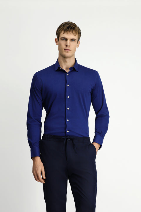 Medium Navy Long Sleeve Slim Fit Narrow Cut Knitted Cotton Shirt