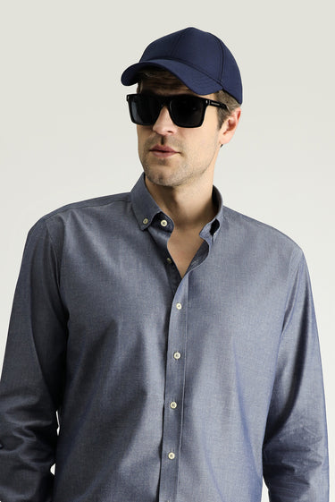 Orta Lacivert Uzun Kol Slim Fit Dar Kesim Spor Pamuk Gömlek