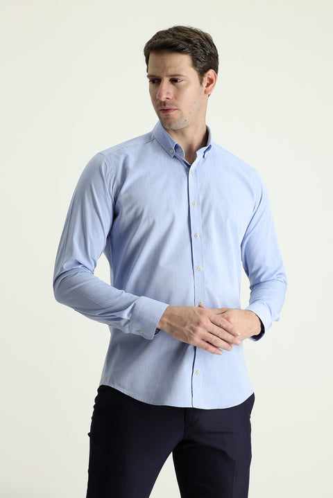 Açık Mavi Uzun Kol Slim Fit Dar Kesim Spor Pamuk Gömlek