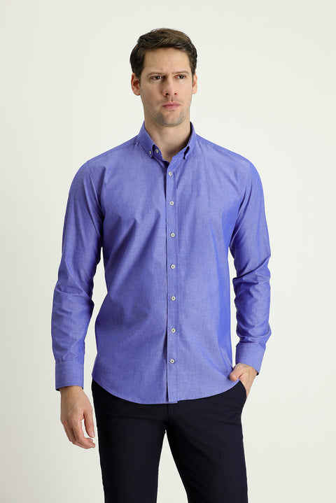 İndigo Uzun Kol Slim Fit Dar Kesim Spor Pamuk Gömlek